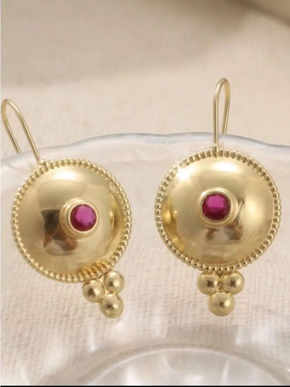 Gold Disc Earrings with Pink Gemstone Accent R 543
